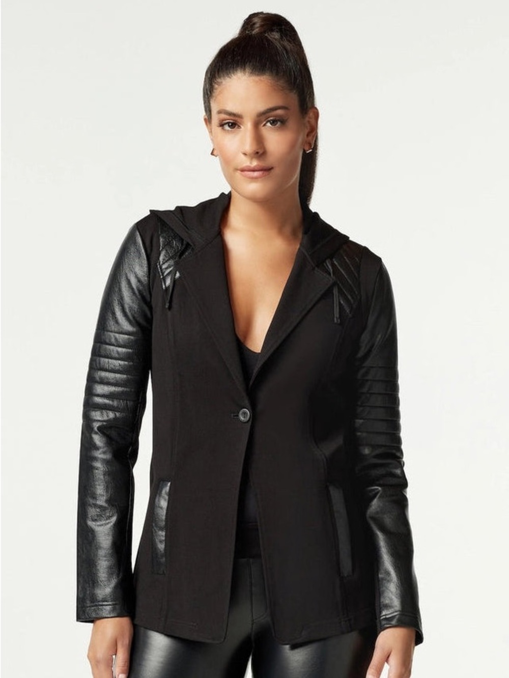 blanc noir Black Hooded Moto-Style Jacket with Quilted Panels